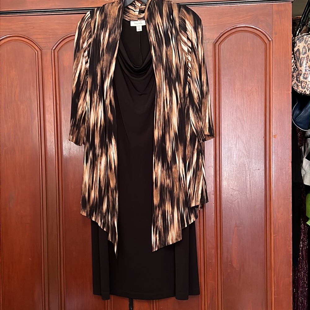 Dressbarn Cowl Neck Dress With Attached Cascading Animal Color Jacket Size 14